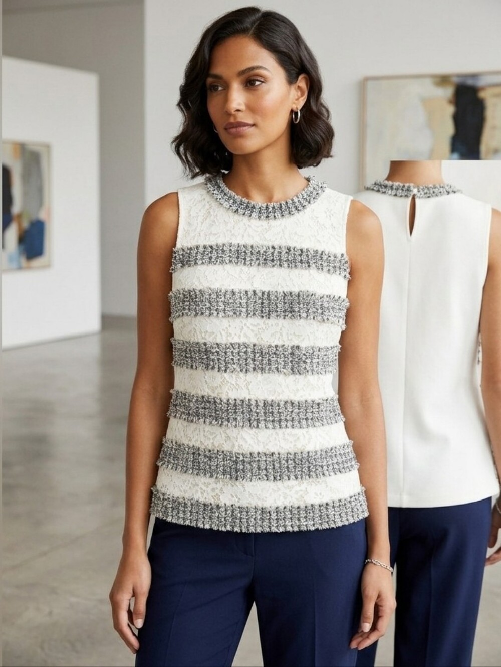 J.Crew Women's Tank Top Tweed+Lace Fringe Ivory Metallic Gray Small